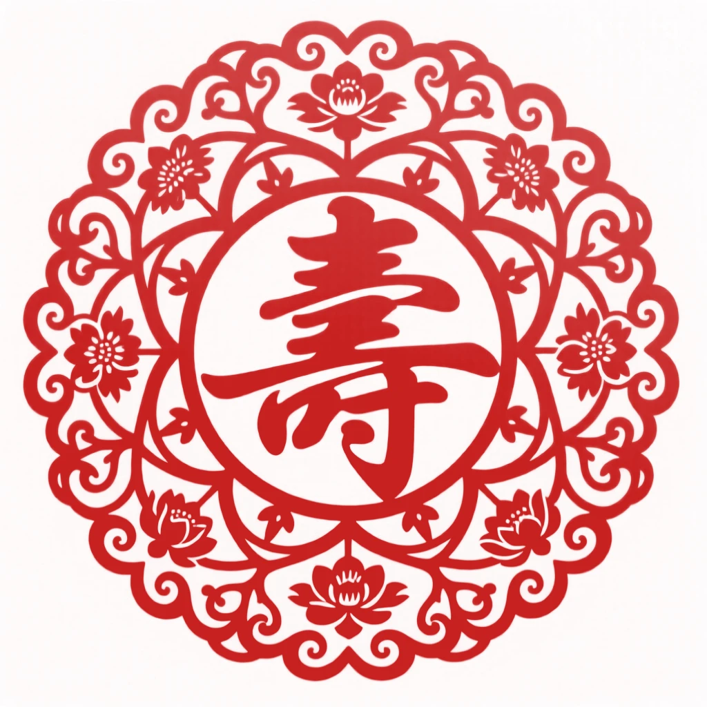 A design of a radial mandala featuring scrolling vines framing a central shou character, framed by delicate scrollwork on every edge.