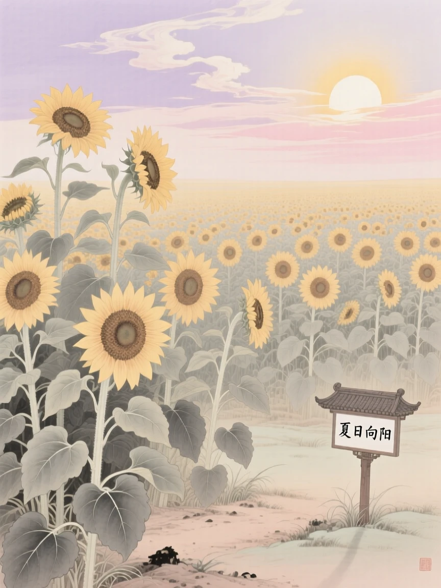 A field of sunflowers turning to face the summer sun, beneath a sky streaked with the colors of early morning