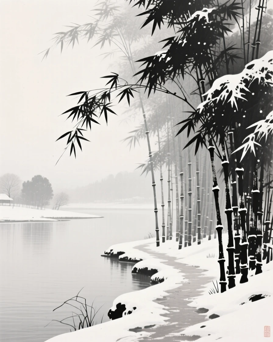 A dense bamboo grove swaying beside a narrow footpath under a pale winter sky heavy with unfallen snow, seen from across the water, the far shore reduced to soft silhouette, capturing a fleeting, serene moment suspended in time.