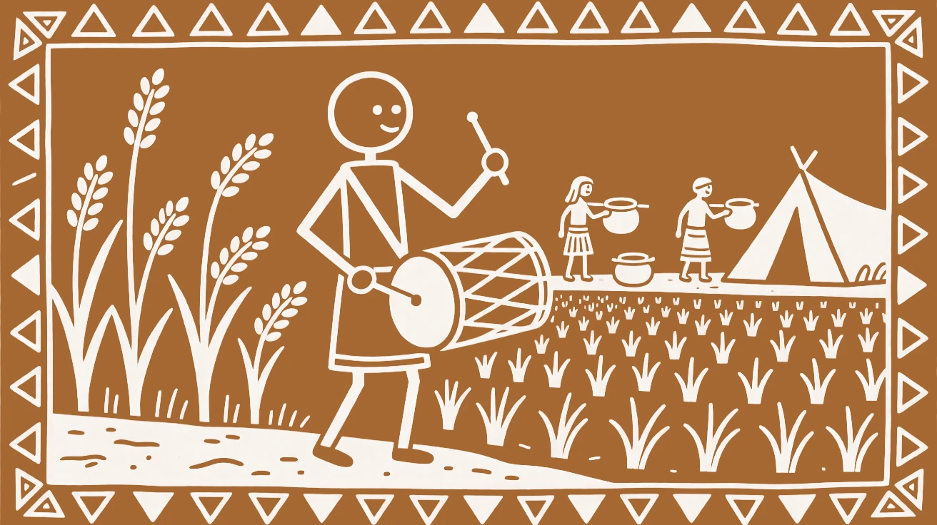 A village drummer preparing for a community feast at the edge of a paddy field.