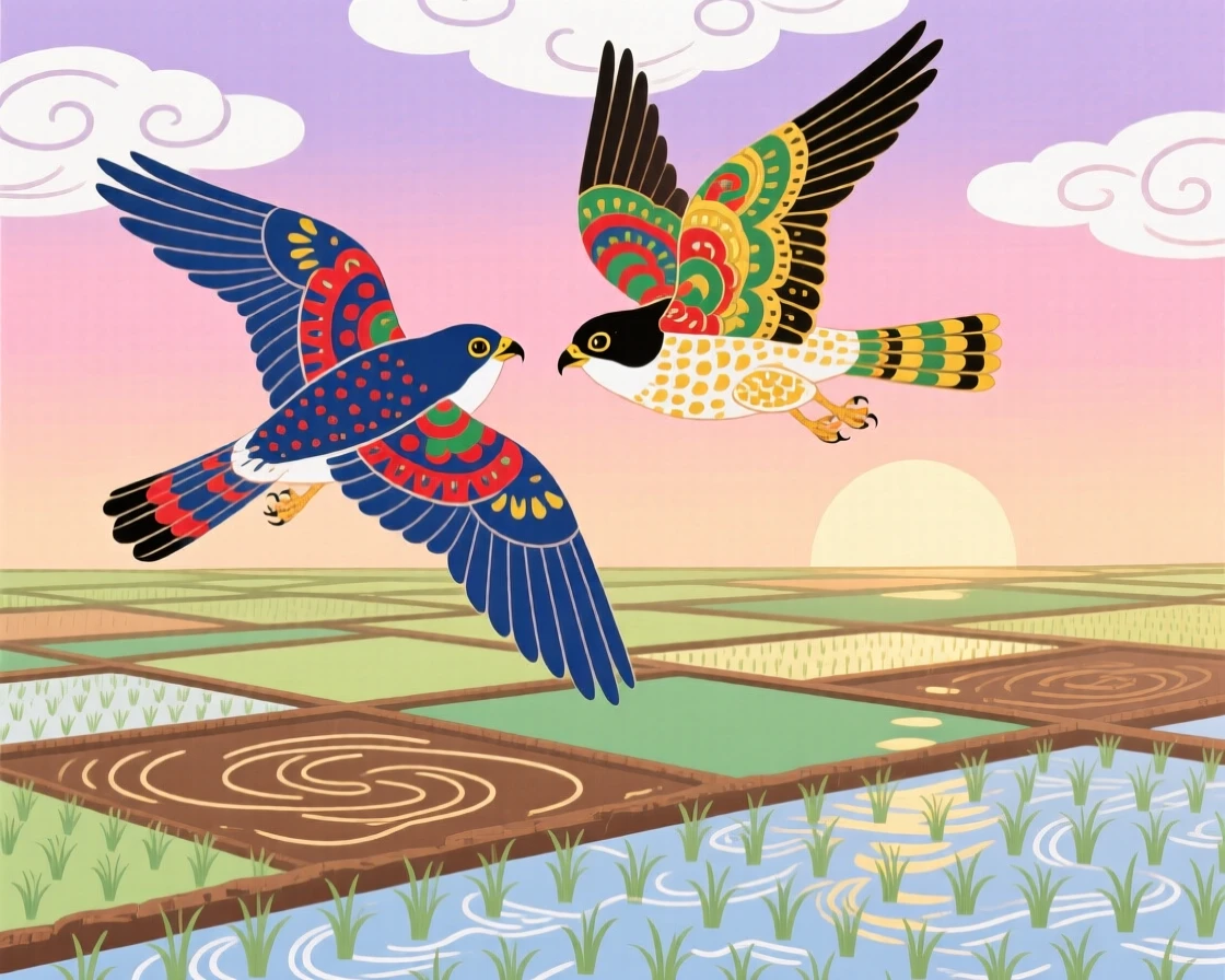 A pair of sparrowhawks gliding together among rice paddies at dawn.