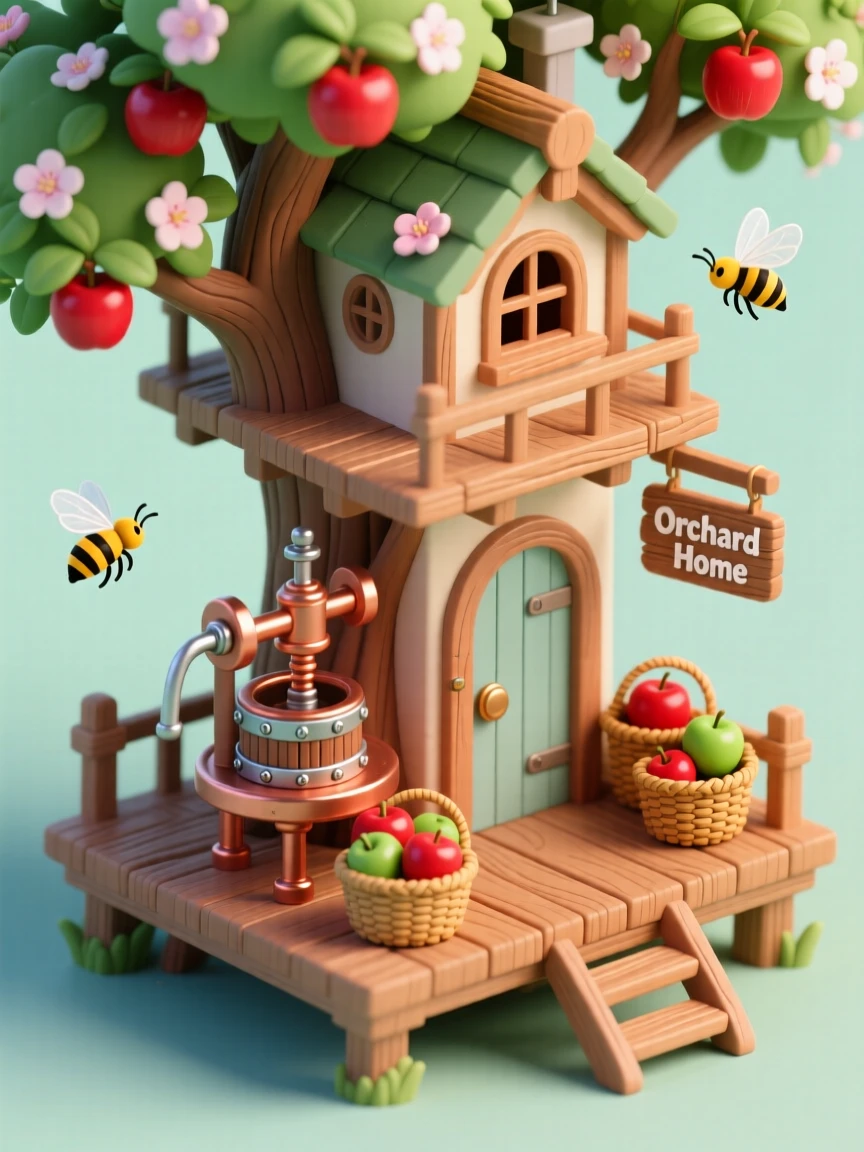 A treehouse orchard home with apple trees growing through the floorboards, a cider press on the porch, baskets of fruit stacked by the door, and bees buzzing around blossoms.