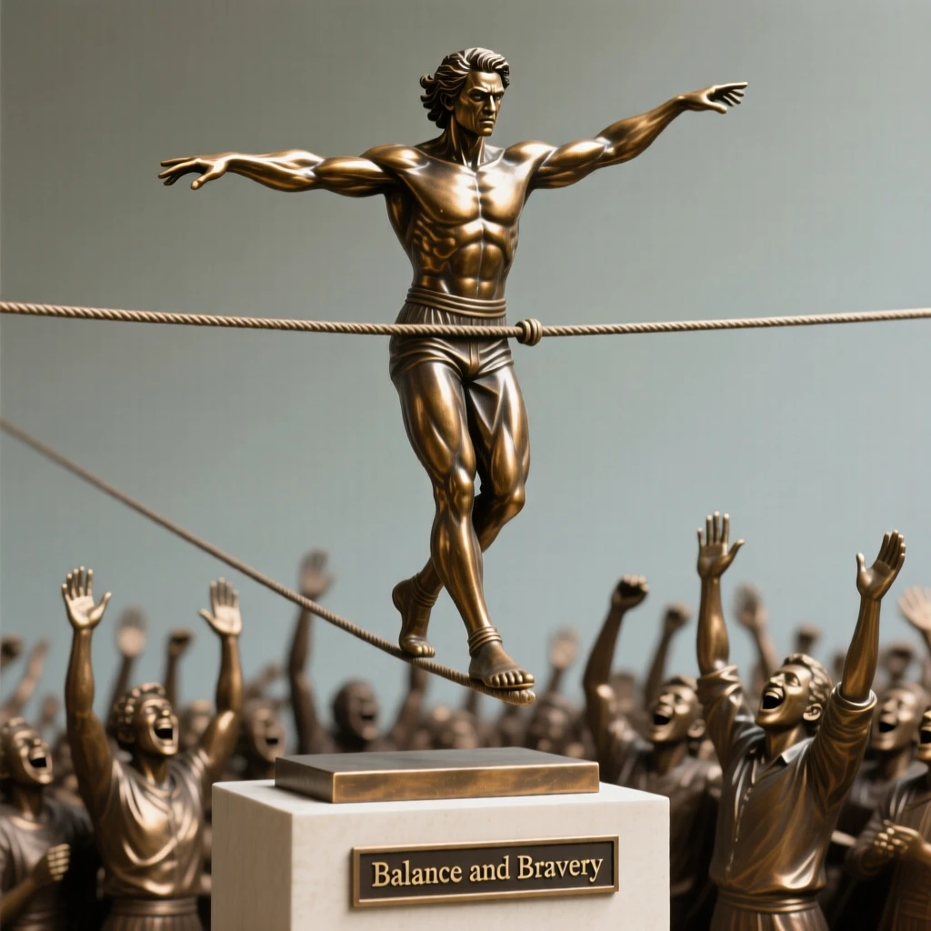 A tightrope walker balanced high above a cheering crowd, with powerful, expressive body language, forming a strong central focal point