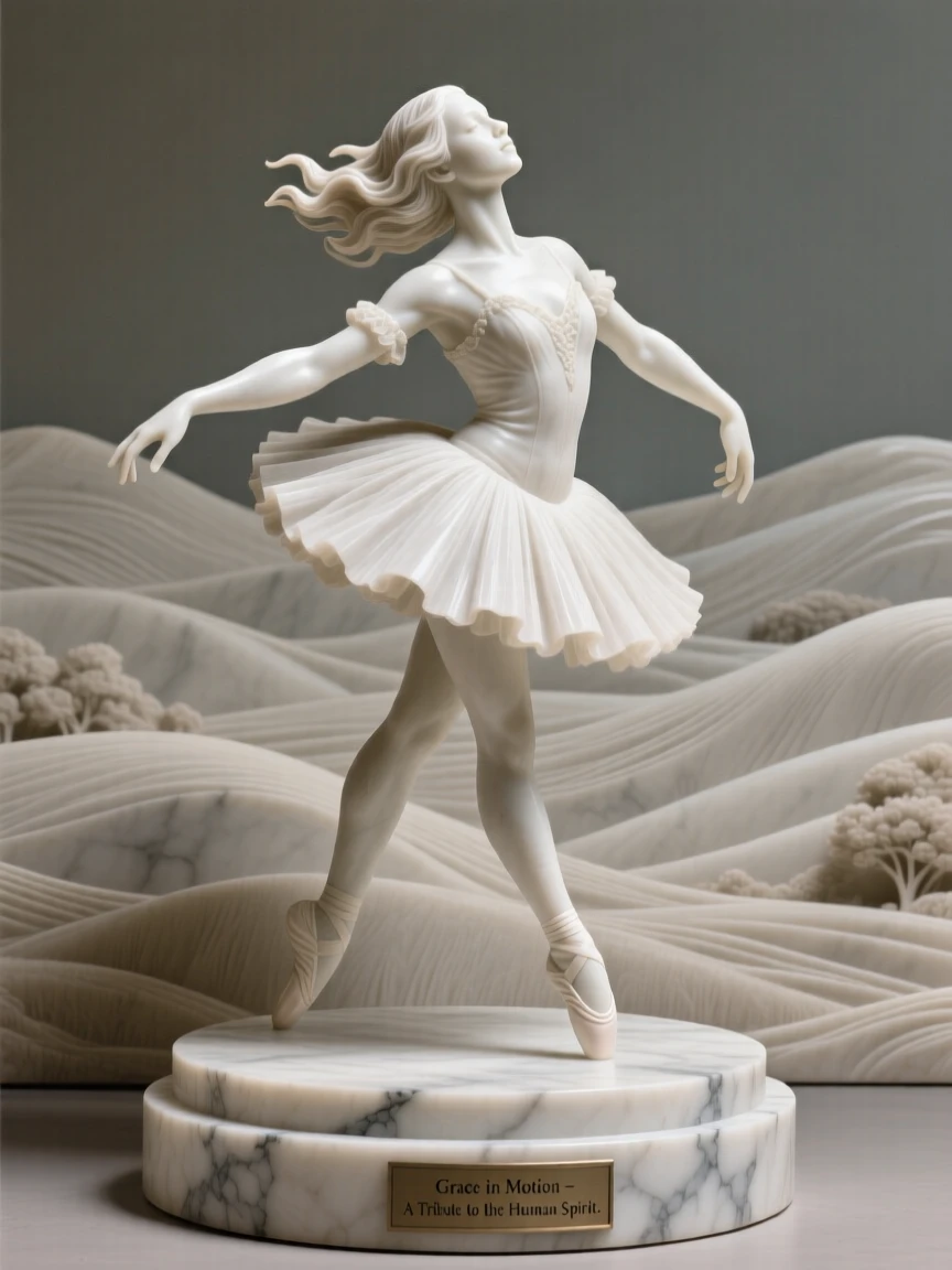 A tender portrait of a graceful ballerina, mid-stride, hair caught by the wind, against a backdrop of rolling hills, evoking warmth and humanity