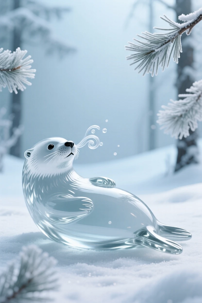 A sea otter floating on its back in a snow-dusted pine forest, breath visible in the cold air, soft winter light giving the scene a hushed, peaceful feeling.