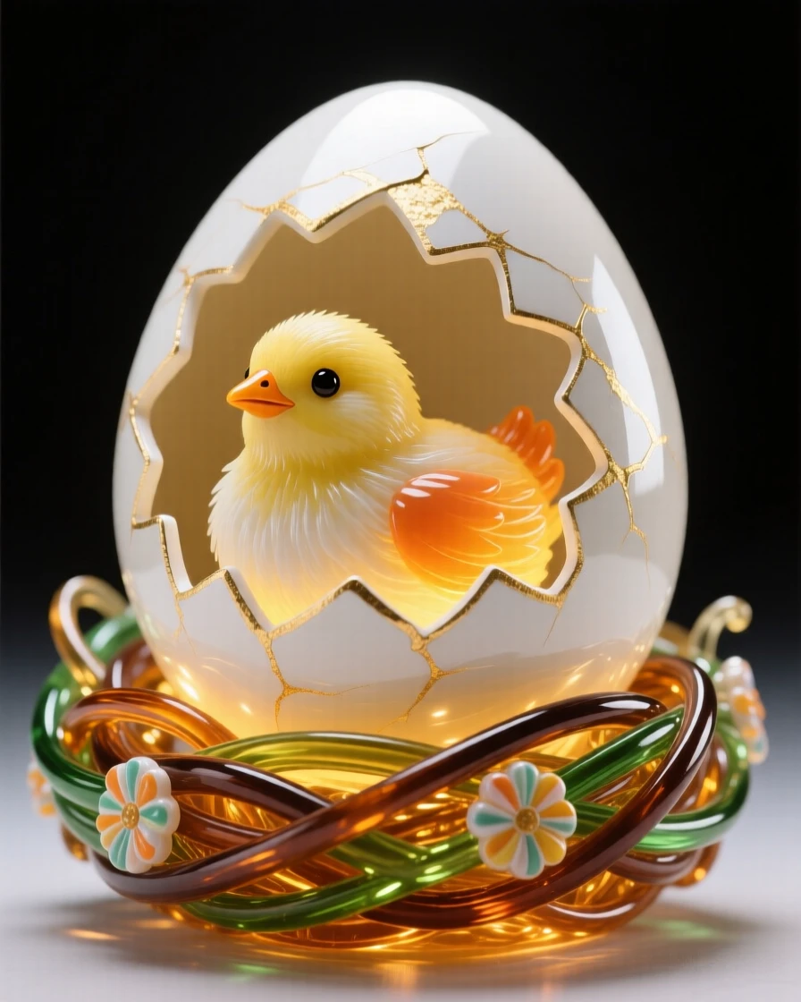 A tiny chick hatching from an eggshell in a warm nest, tender and new.
