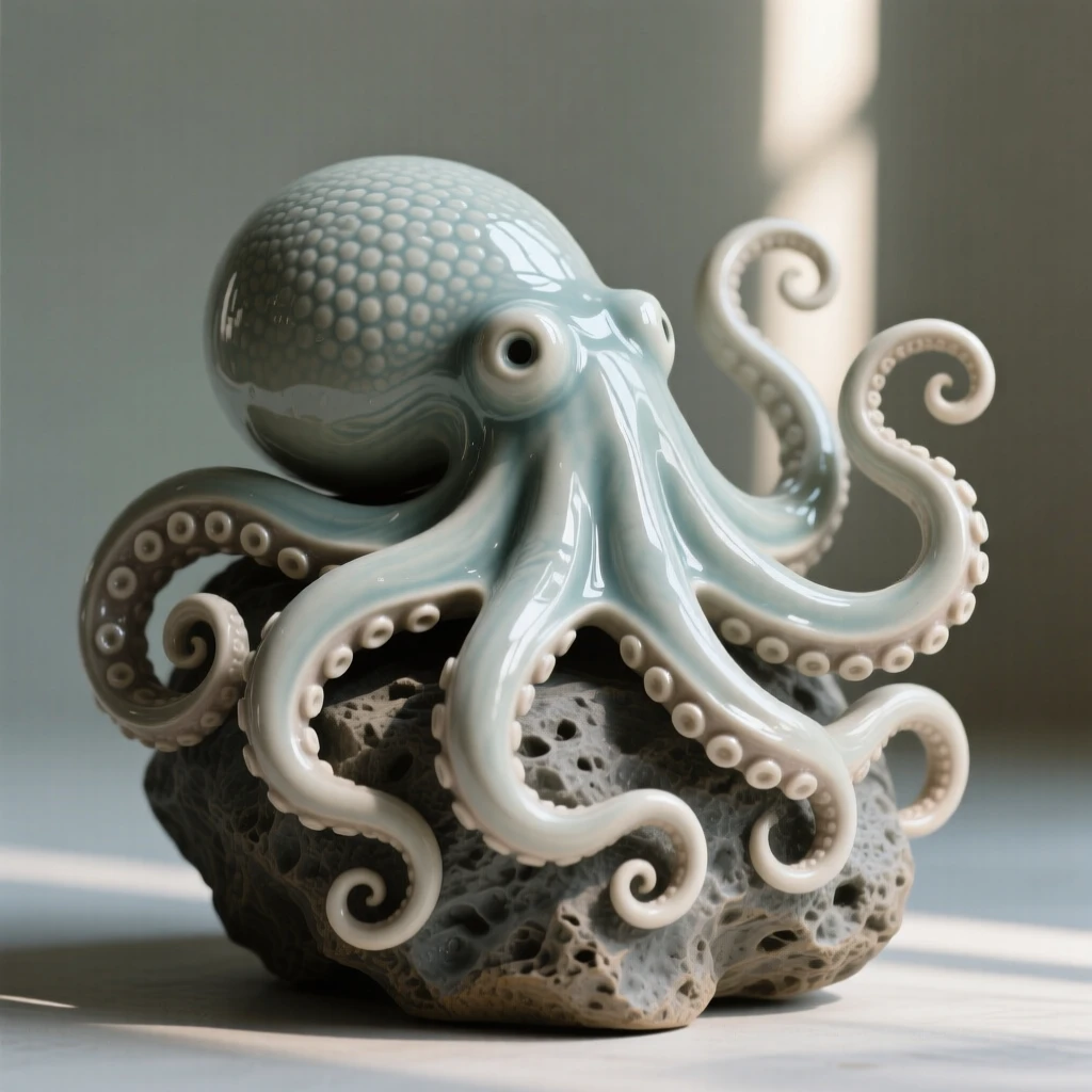 A octopus curling its tentacles around a rock suspended in a shaft of filtered sunlight, with light rippling across its skin, capturing a fleeting moment of underwater grace.