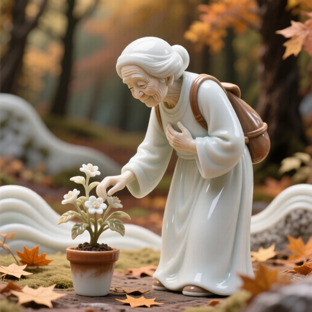 A elderly traveler tending a small potted plant, one hand resting gently over her heart, in an autumn forest clearing.