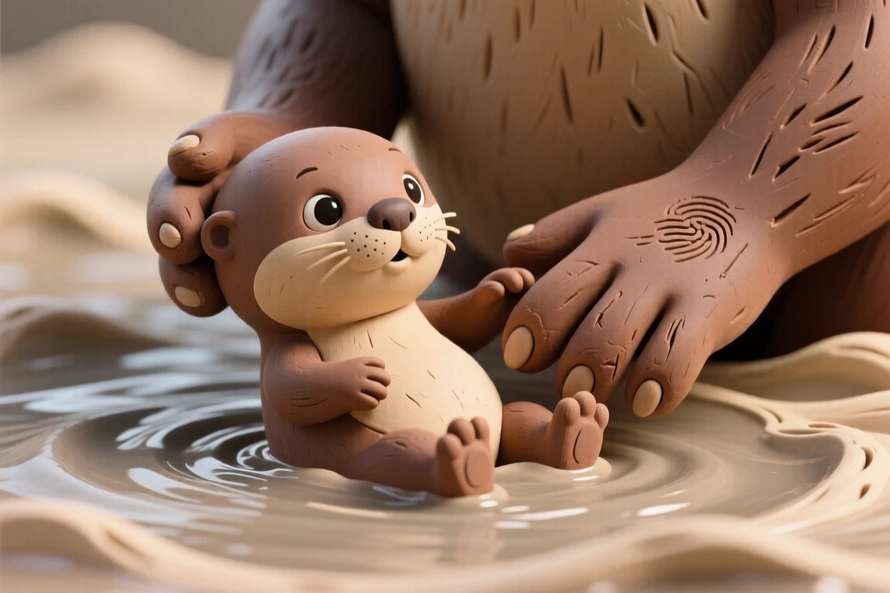 A baby otter learning to swim, held afloat by its mother's paw