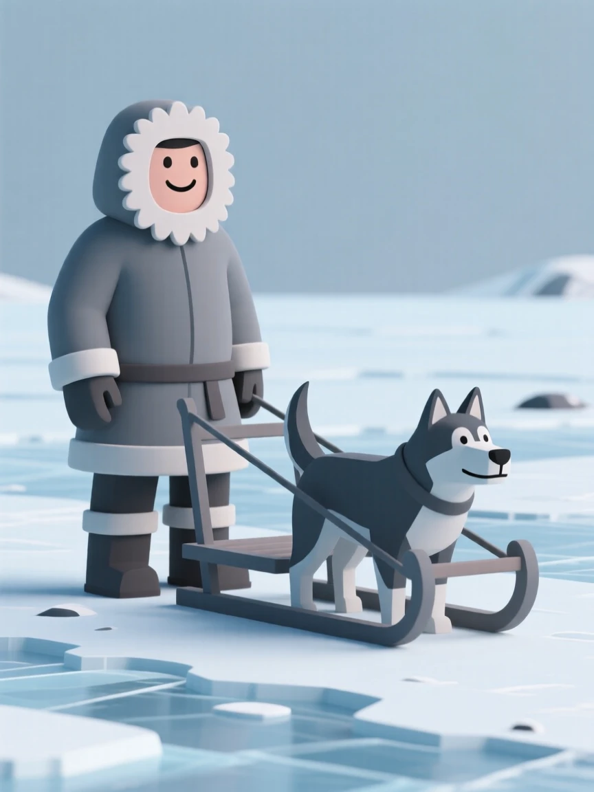 A proud Inuit hunter stands beside a dog sled on a frozen tundra, fur-lined hood framing a determined smile.