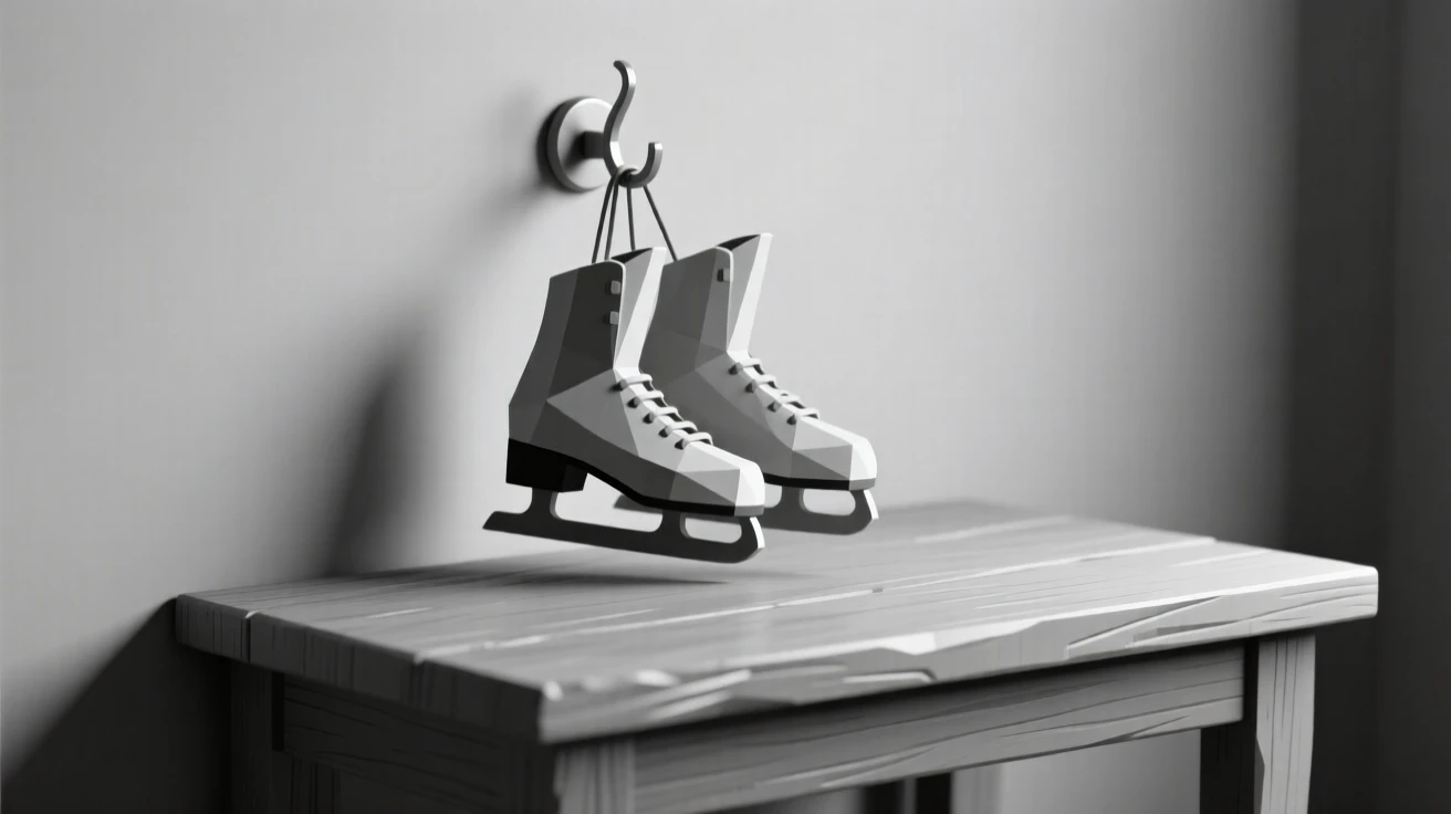 A pair of old ice skates hanging on a hook, on a weathered wooden table. muted tones give the scene a timeless quality. There is a calm, contemplative stillness.