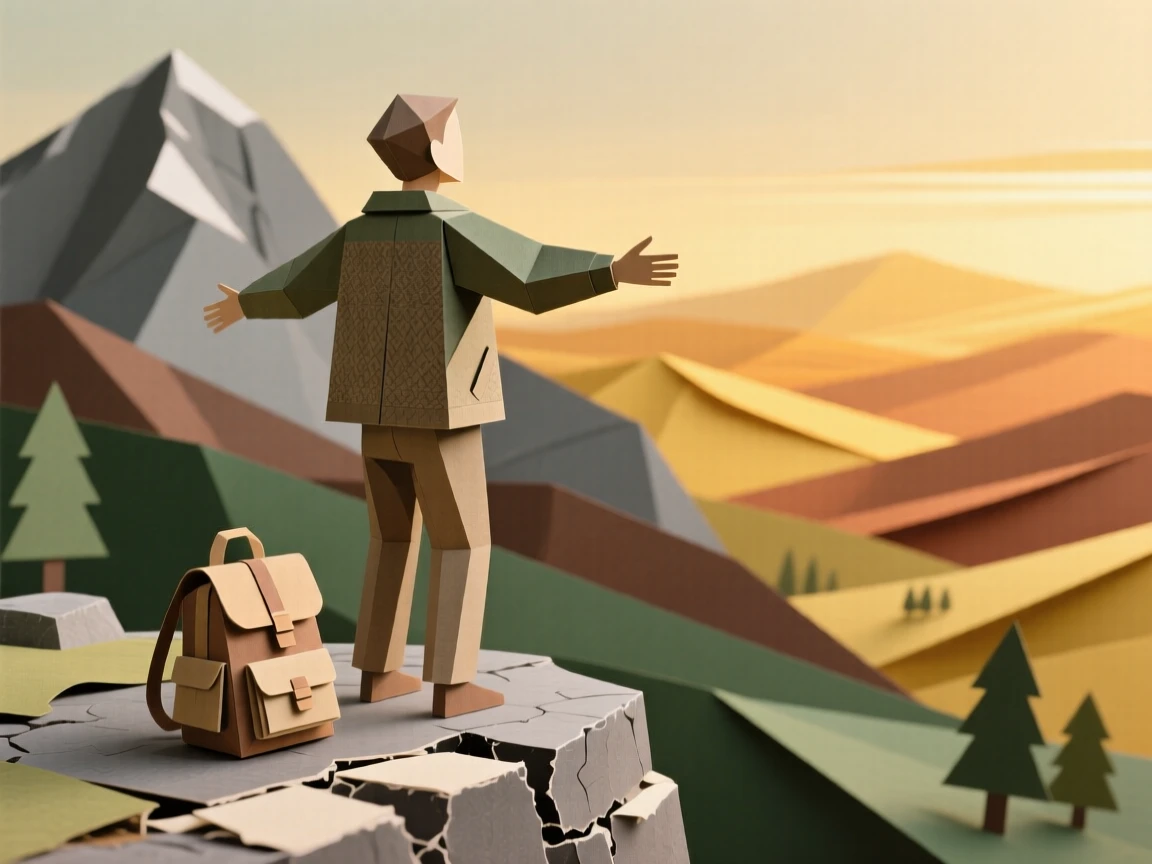 A solo traveler standing at the edge of a mountain overlook, arms outstretched toward a vast valley bathed in golden light, backpack resting nearby, capturing freedom and adventure.