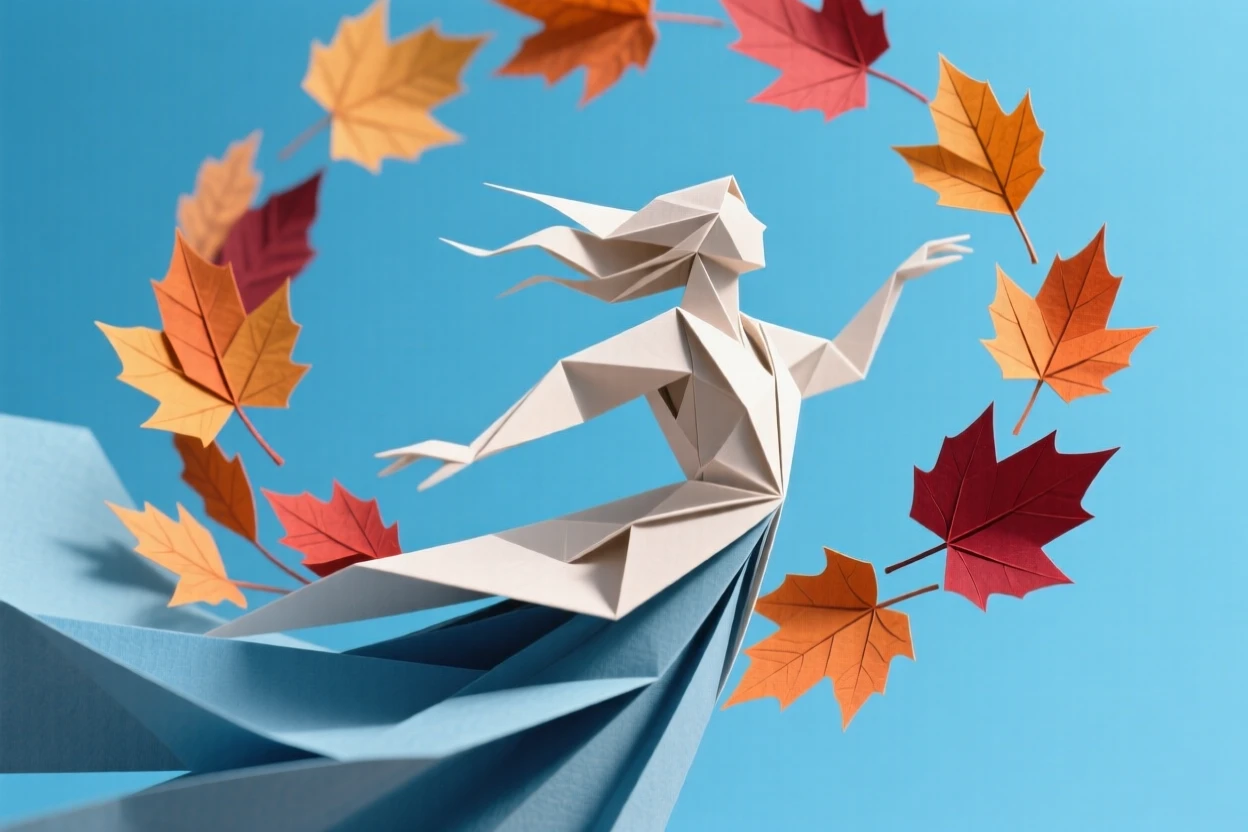 A wind spirit swirling a spiral of autumn leaves upward into a clear blue sky.