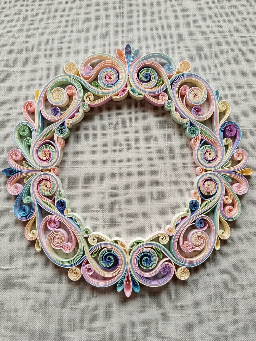 an intricate filigree wreath framing empty center space, displayed on a textured linen backdrop, balanced with mirrored symmetry on both sides, with a subtle iridescent shimmer.