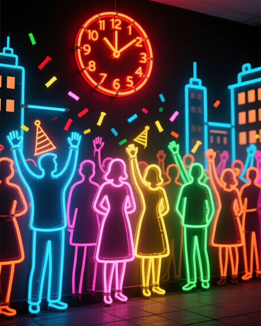 A New Year's countdown crowd gathered in a city square.