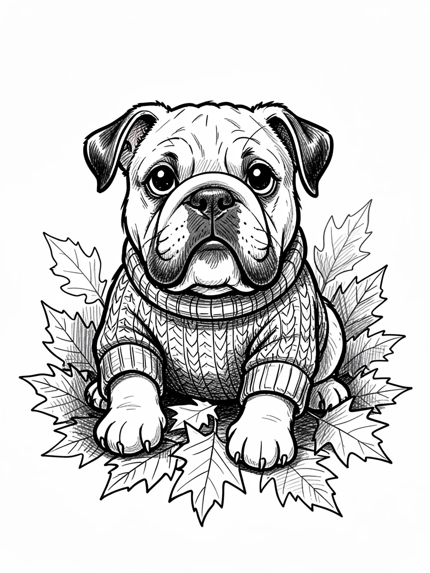 A bulldog puppy wearing a knitted sweater in autumn leaves.