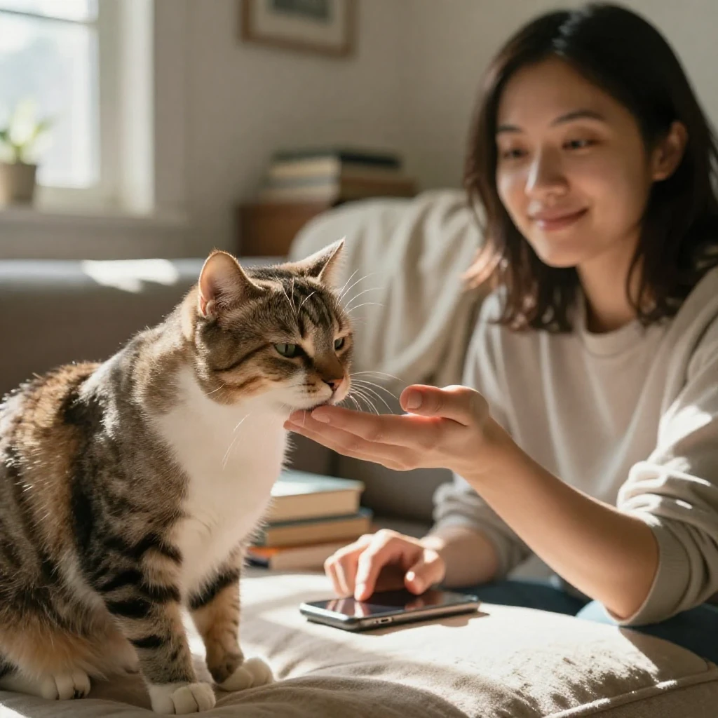 A cat headbutts its owner's hand insistently, demanding more attention.