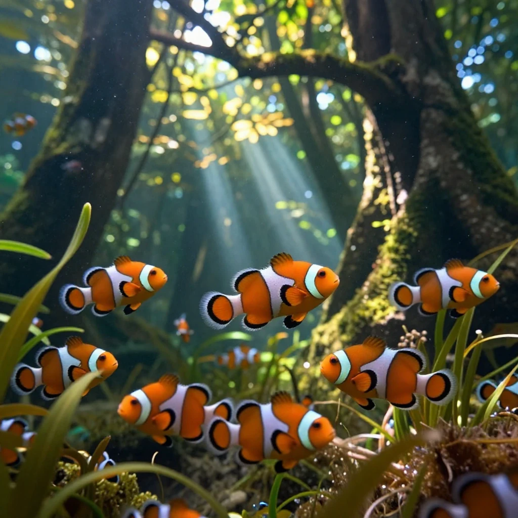 A school of clownfish basking lazily in warm sunlight beneath the canopy of an ancient forest