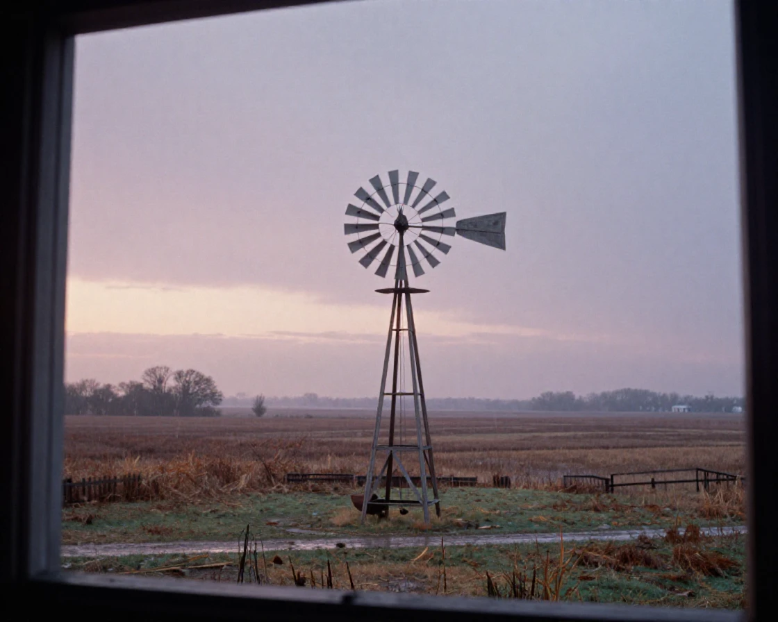 A rustic windmill standing amid flat farmland, in the last light of dusk, under a light drizzle, in late autumn, in soft muted pastels, through a rain-streaked window.