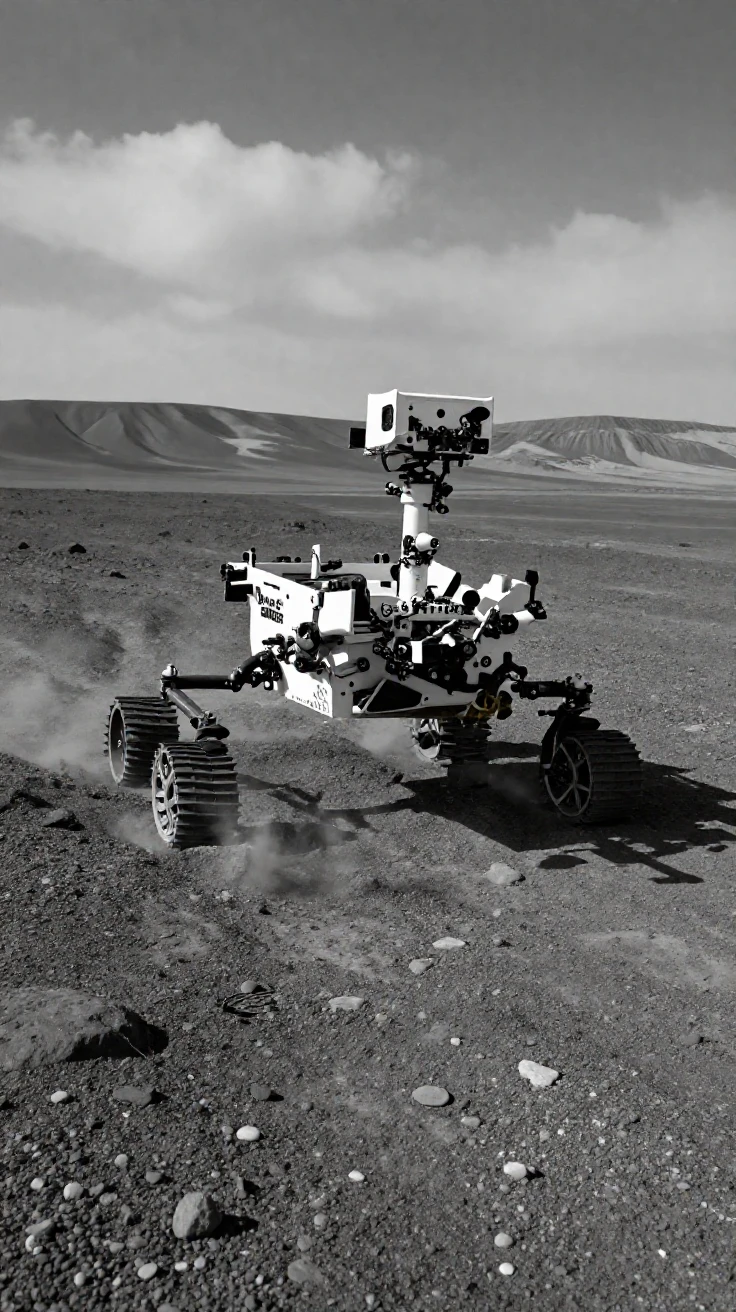 A rover explores the dusty surface of a distant planet on the rusty terrain of Mars.