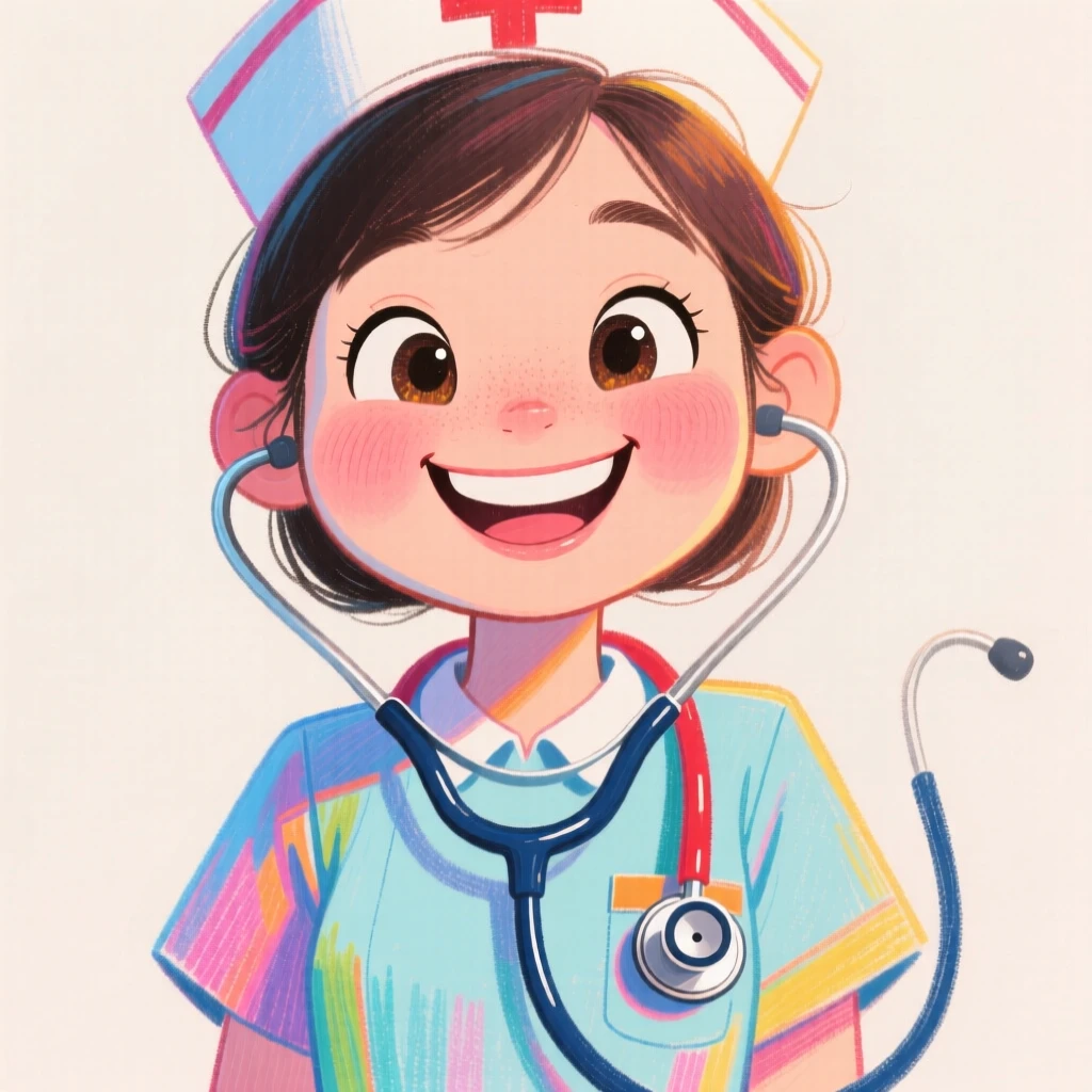 A young nurse in scrubs giving a warm reassuring smile, stethoscope around her neck.