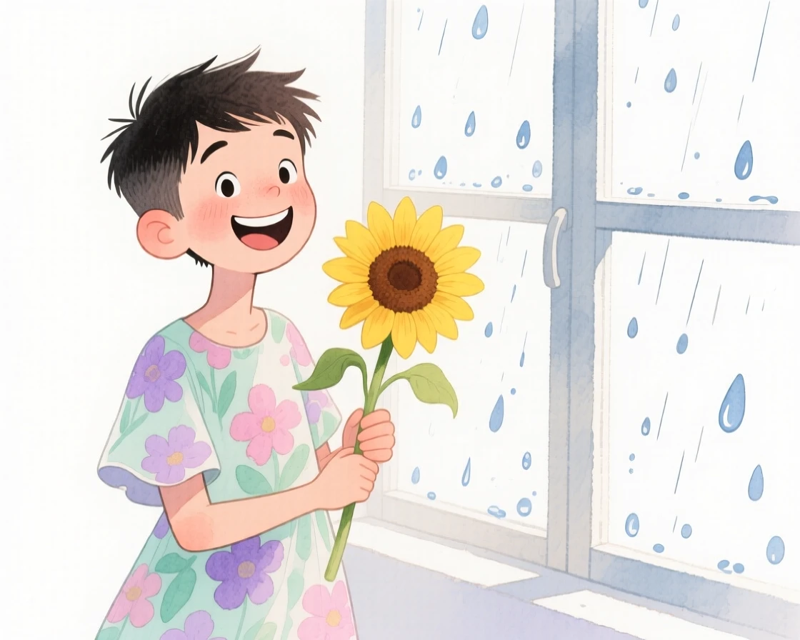 A young man with a short pixie cut, beaming with joy, wearing a flowy floral sundress and holding a single sunflower, beside a rain-speckled window