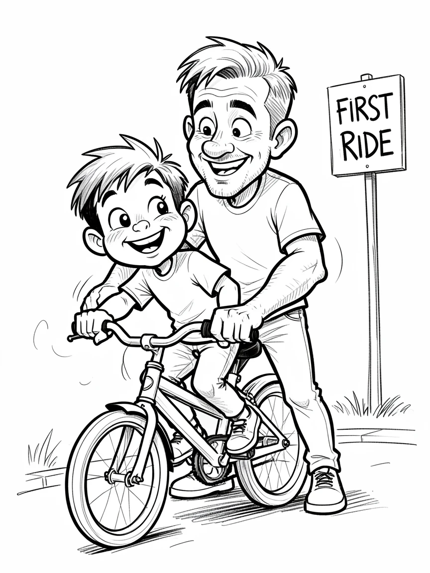 [Family & Relationship Moments] Heartwarming scene of a dad teaching his son to ride a bicycle for the first time, radiating love and warmth