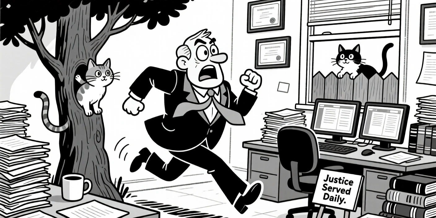 A sharp-dressed lawyer mid-argument, sprinting toward a tiny kitten stuck in a tree, set in a cluttered office with dual monitors. A curious neighborhood cat watches from a fence. It's a lighthearted tribute to a job well loved.