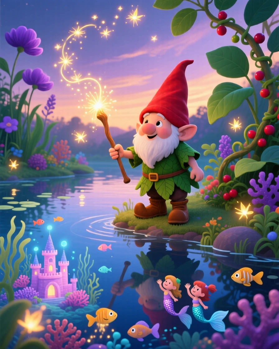 A tiny gnome gardener pauses from casting a spell that fills the sky with fireflies to marvel at an underwater kingdom, as reflections shimmer on the still water.