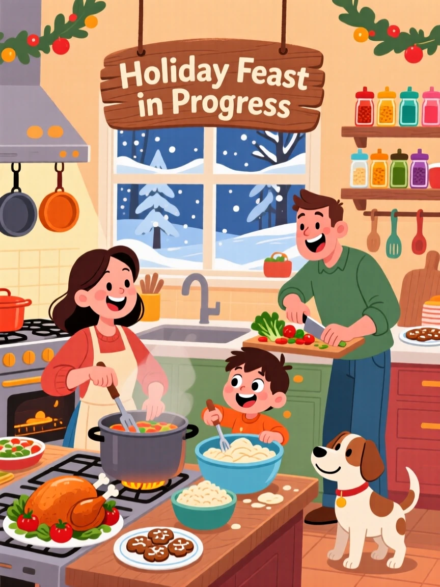 A family cooking a big holiday meal together in a warm kitchen.