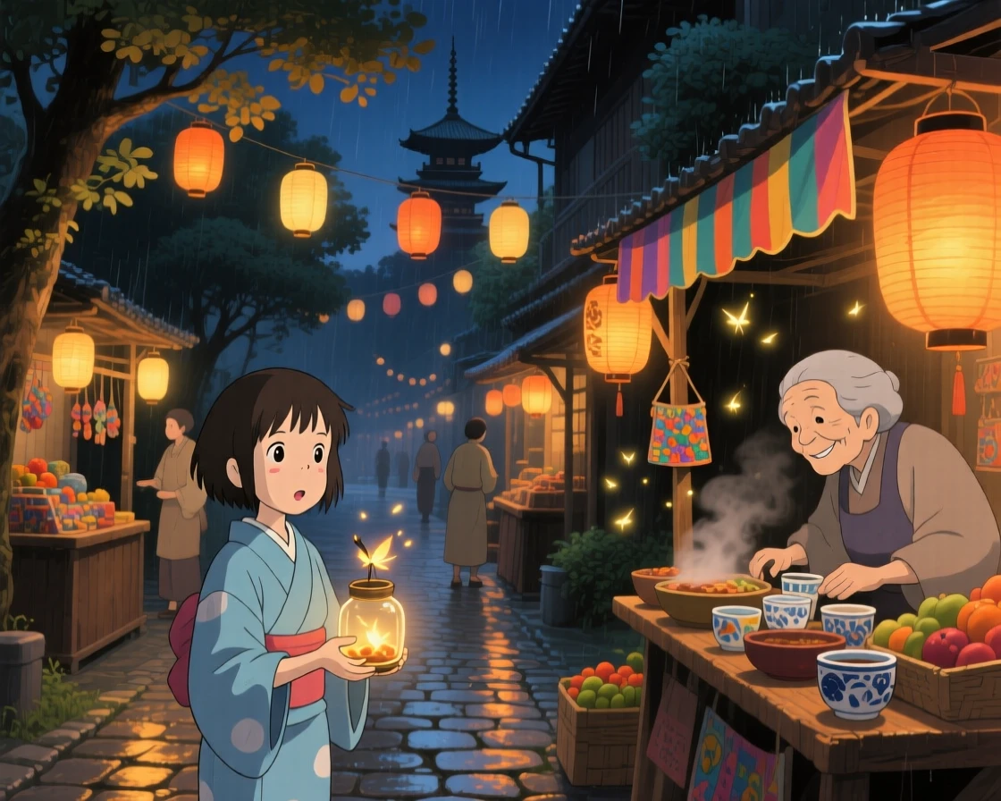 A nighttime scene of a lantern-lit street during a quiet night market, quietly enchanting.