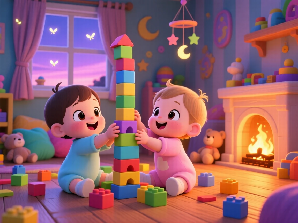 In a colorful playroom, twin toddlers are building an impossibly tall block tower as fireflies begin to glow at dusk, bathed in cozy firelight, expression full of playful mischief. Shot as an over-the-shoulder view.