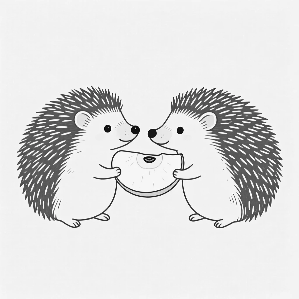 A pair of hedgehogs sharing an apple slice
