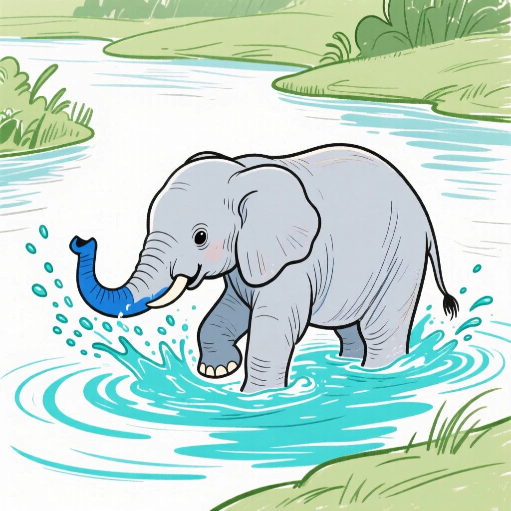A baby elephant splashing water with its trunk in a river.