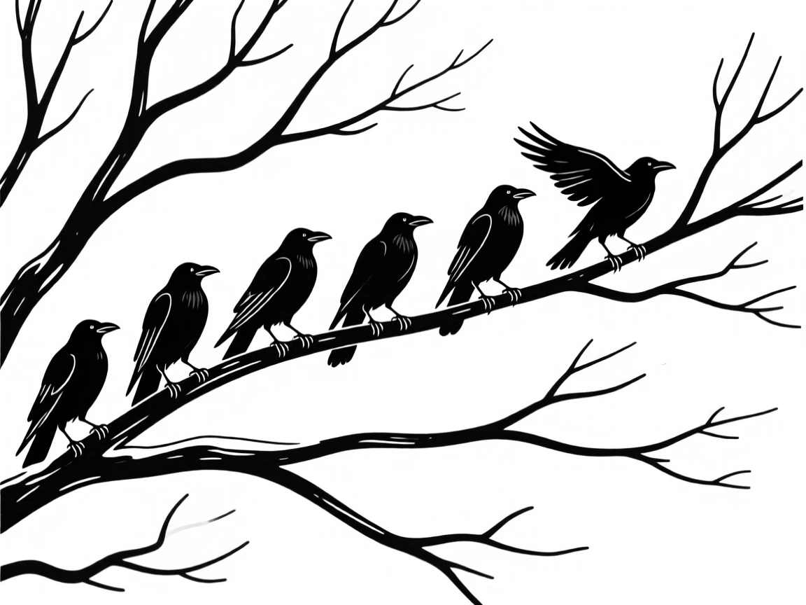 A murder of crows perched along a row of bare winter branches.