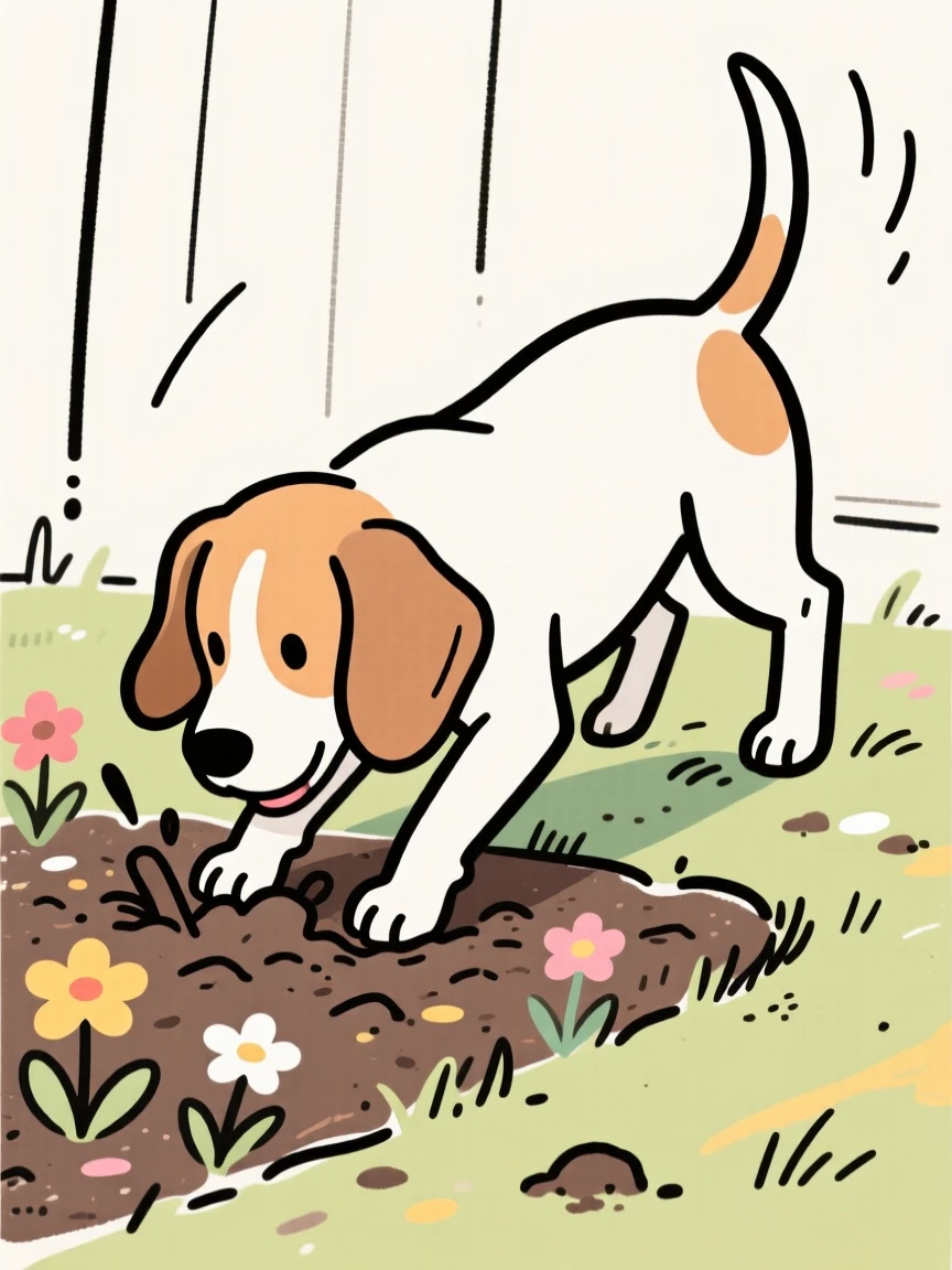 A beagle puppy digging enthusiastically in a backyard flower bed.