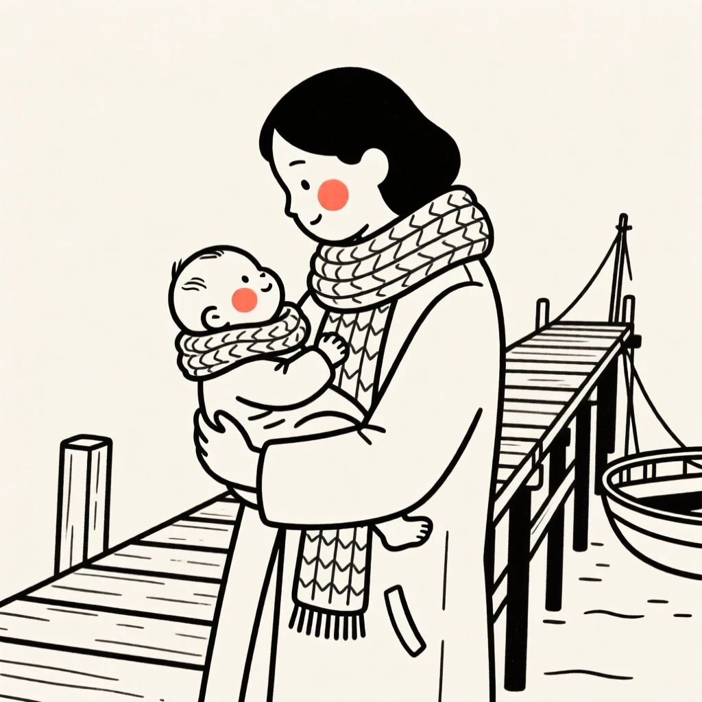 A newborn baby of Egyptian heritage in a chunky knit scarf and coat, sharing a tender embrace, on a wooden fishing pier.