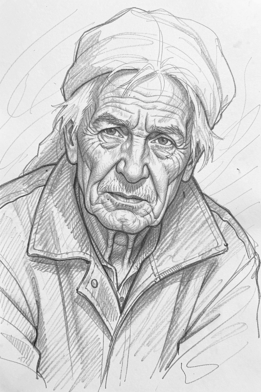 Intimate close-up of a wrinkled desert nomad amid swirling desert sand, wearing a weathered leather jacket.