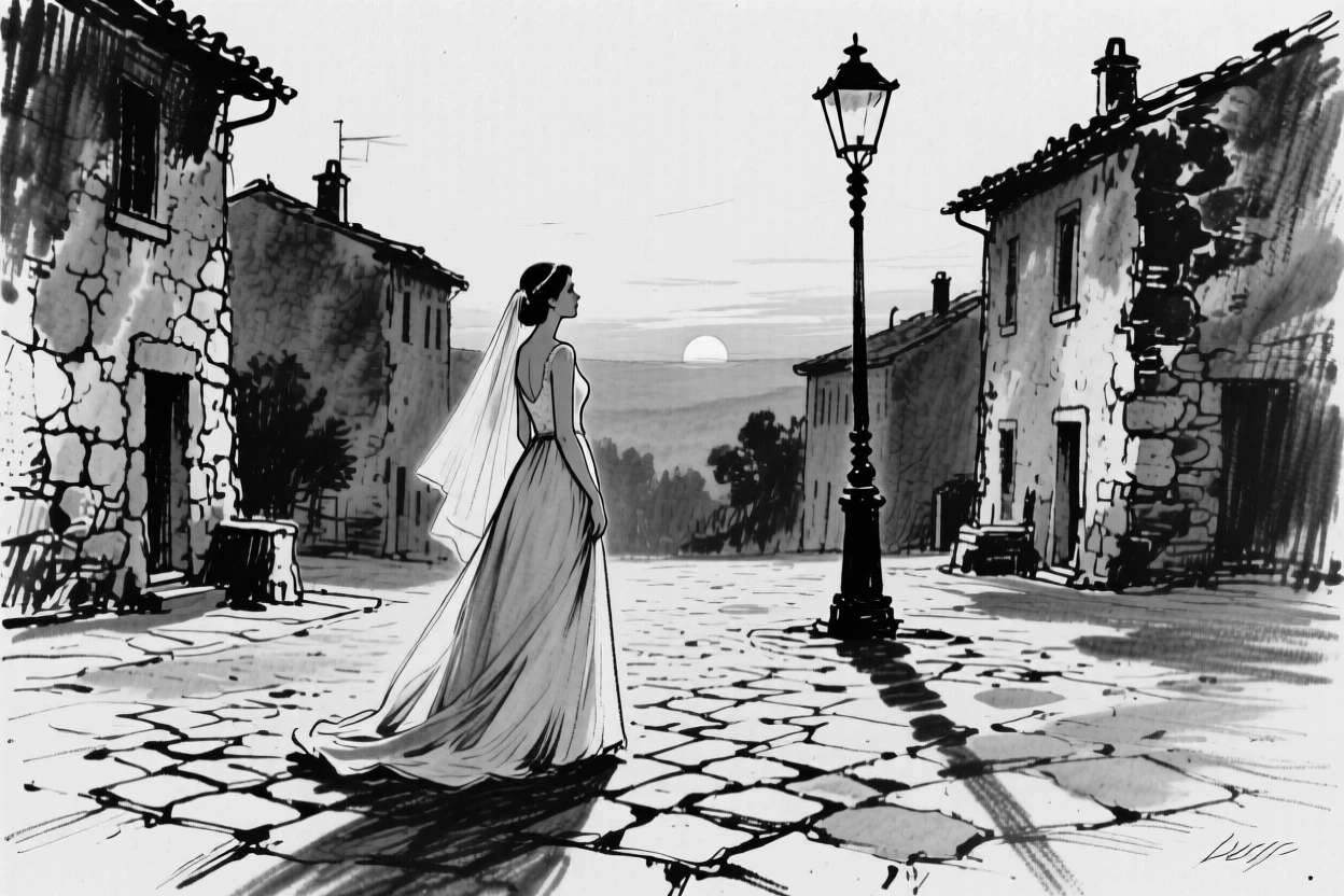 A bride gazing thoughtfully into the distance at sunset, in a small village square.
