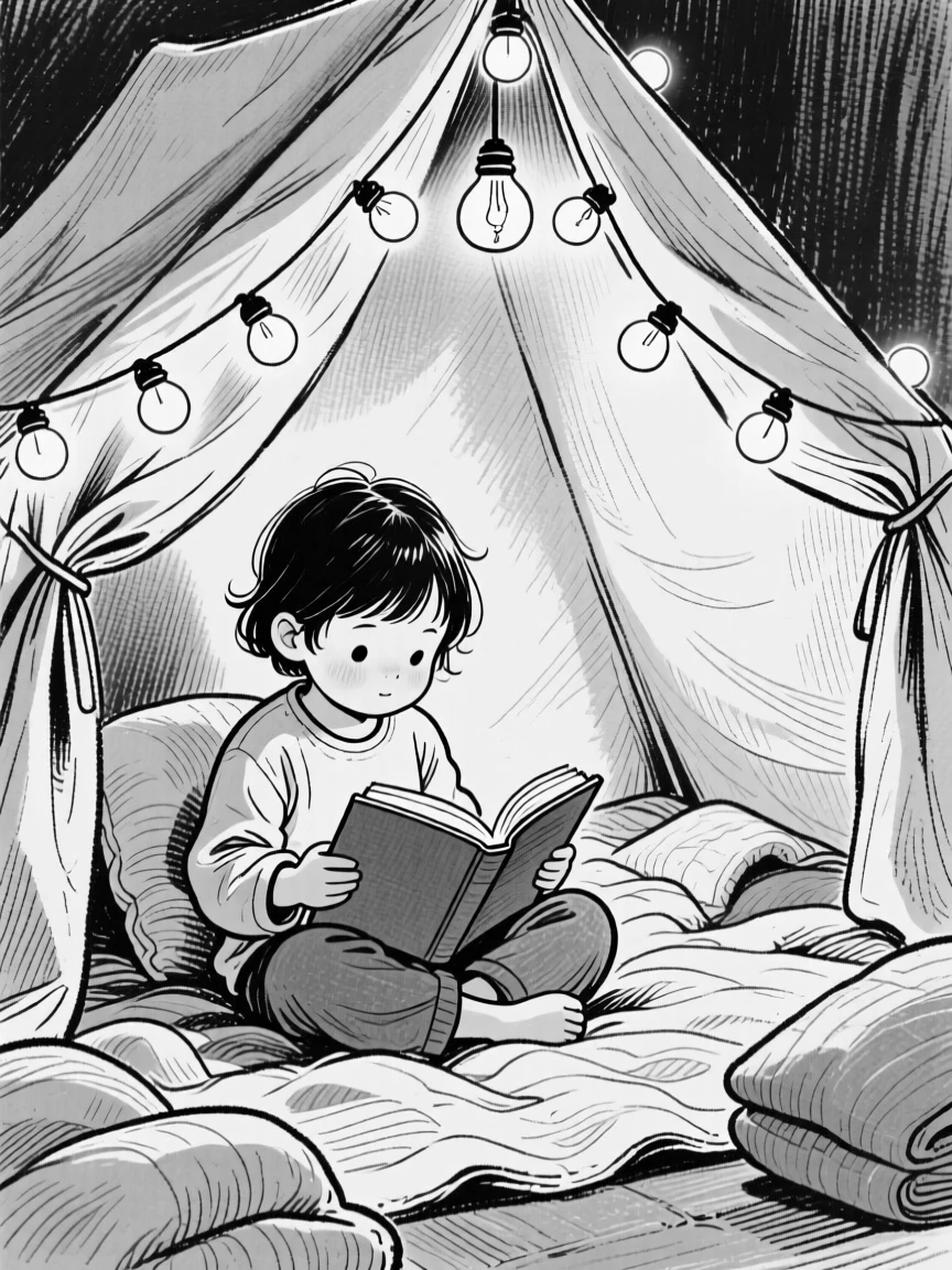 A child reading a book inside a blanket fort lit by a string of small lights.