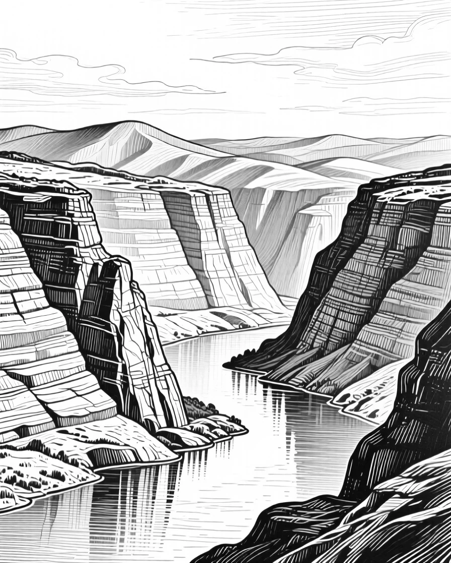 A canyon carved by centuries of water with layers of hills fading into the distance, with reflections shimmering on the water's surface, evoking a softly romantic atmosphere in a wide, balanced composition.