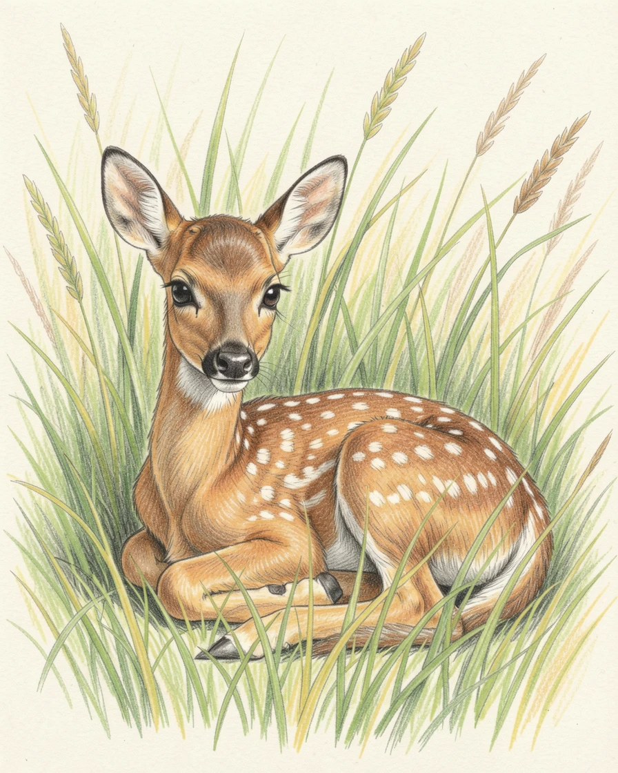 A spotted fawn resting quietly in tall summer grass, with a sense of stillness and quiet trust in its posture, designed to melt hearts with its sweetness.
