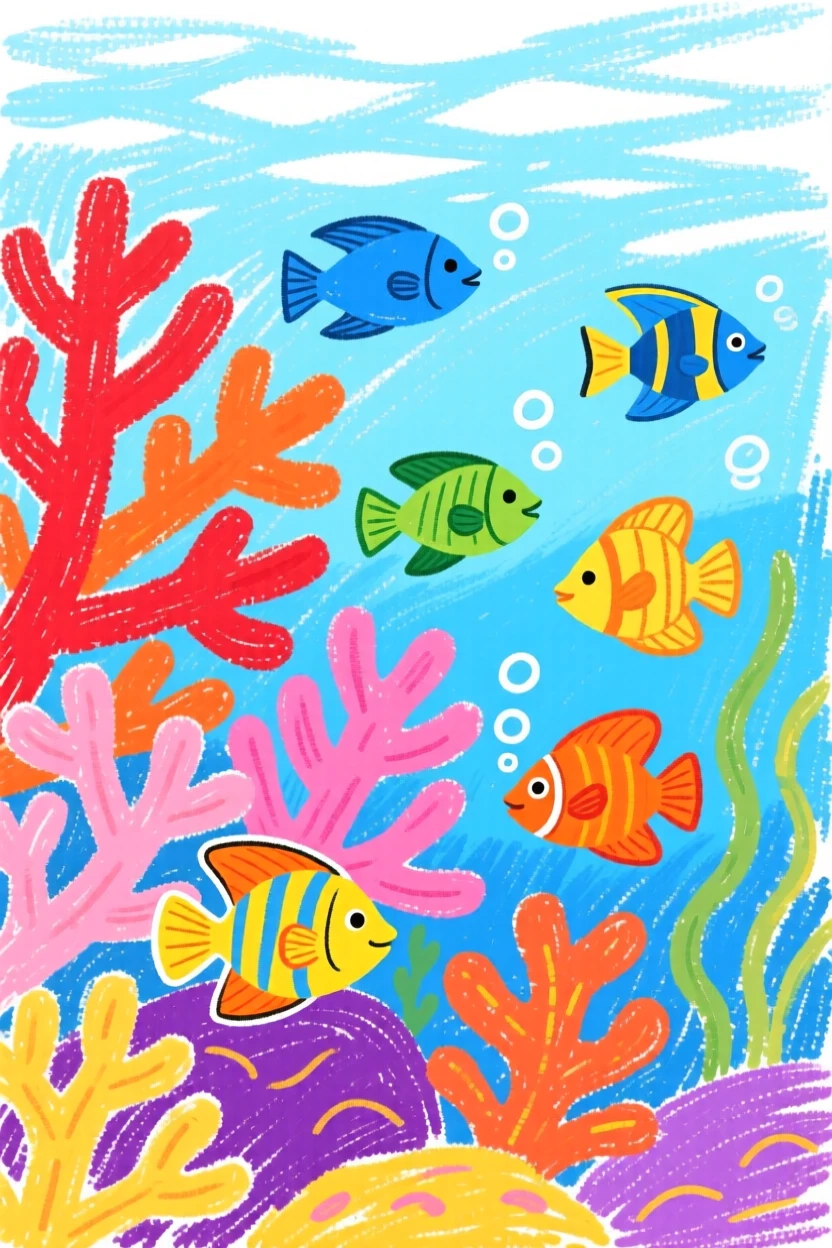A coral reef bursting with color and darting tropical fish.