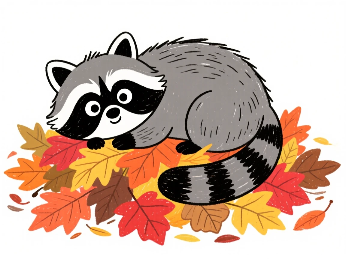 A curious raccoon kit curled up on a pile of autumn leaves.