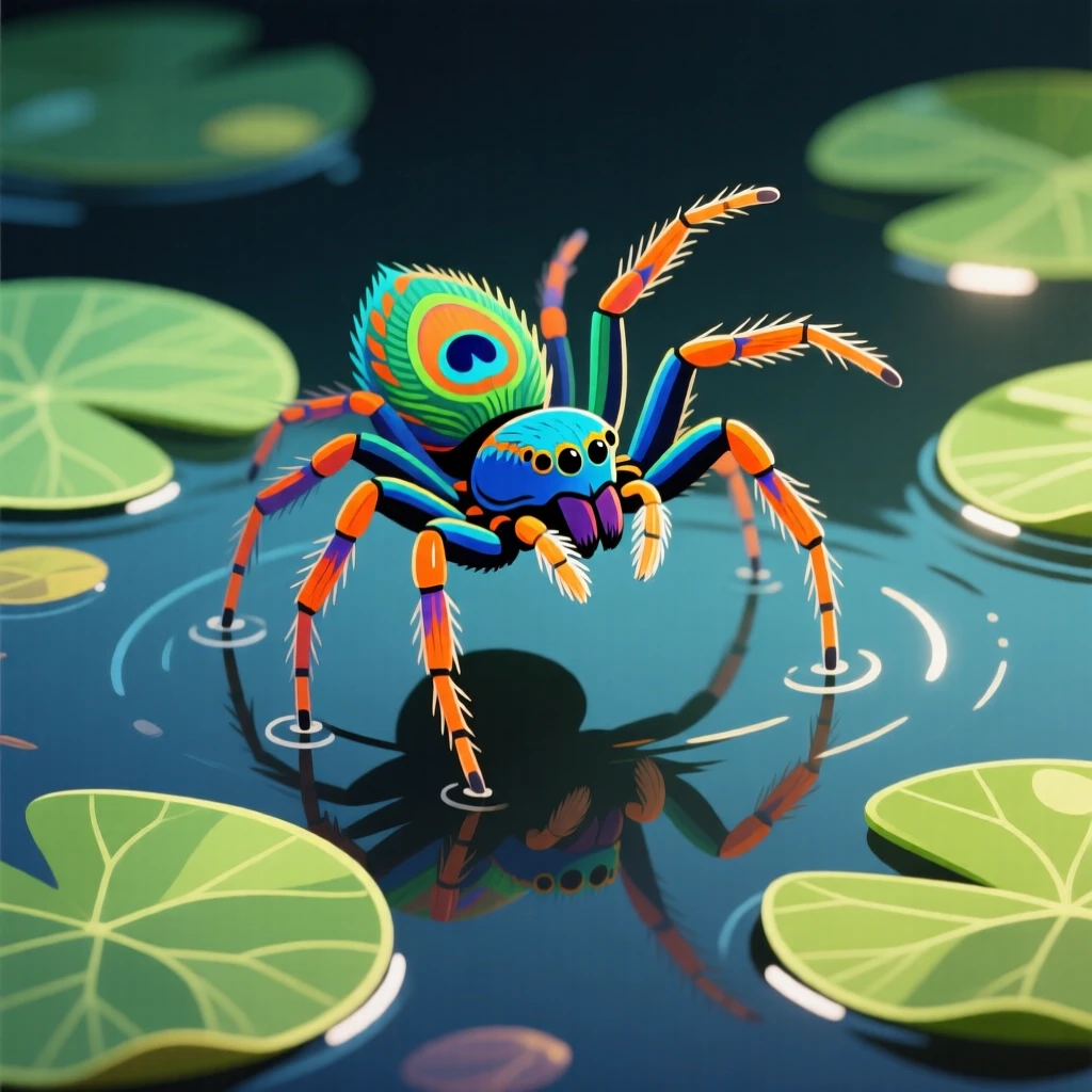 A peacock spider performing a colorful courtship dance, surrounded by delicate lily pads on a still pond, captured in profile with soft rim lighting, with vivid, richly saturated colors that pop.
