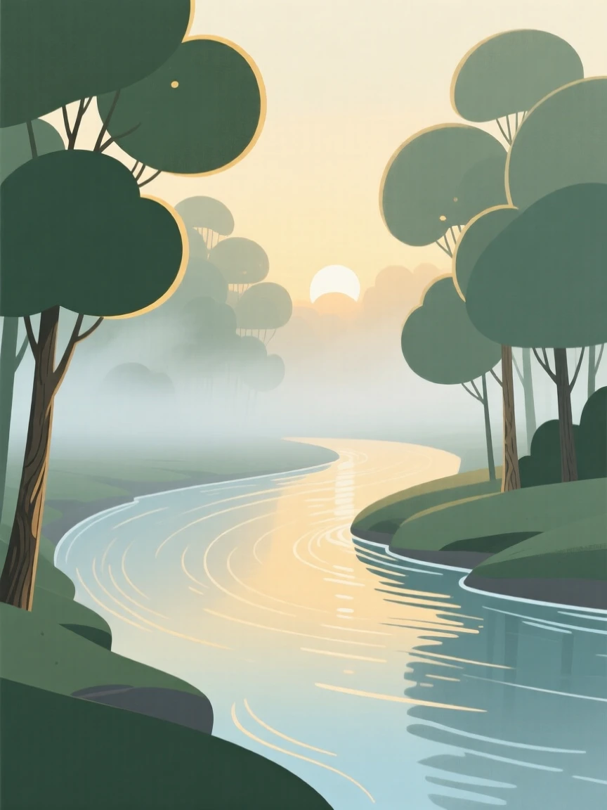A misty river bend at sunrise with soft light filtering through the dense canopy.