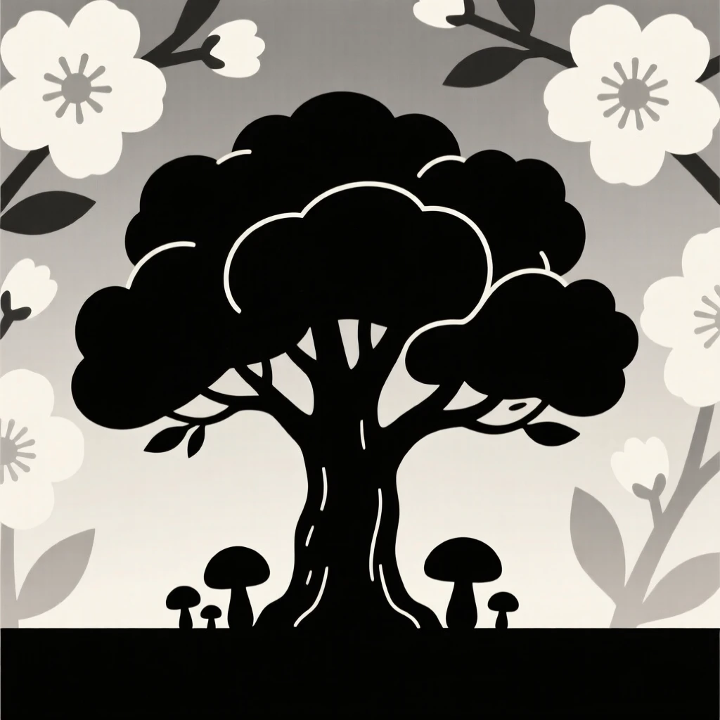 An ancient oak tree, silhouetted alone against a blooming orchard, surrounded by a cluster of mushrooms, full of untouched wilderness.