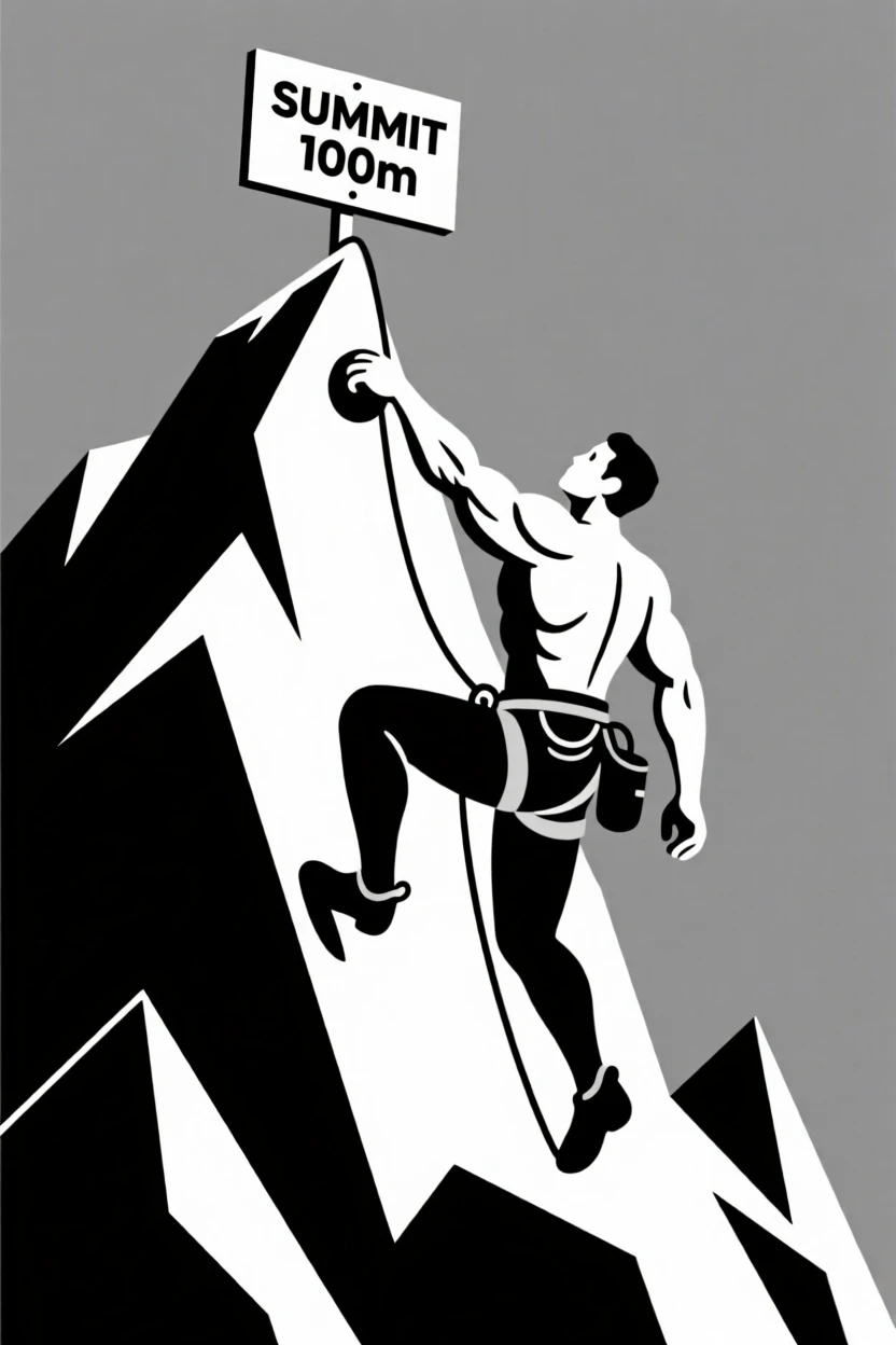 A climber reaching for the final handhold before the summit.