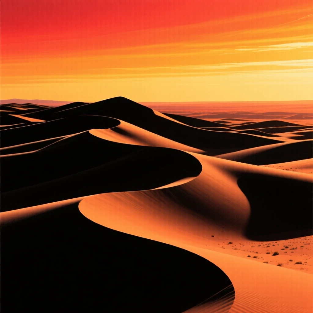 Endless rippling sand dunes stretching to the horizon under a wide desert sky.
