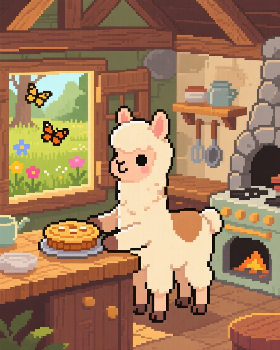 A baby alpaca baking a miniature pie in a woodland kitchen, in a sunlit garden with butterflies nearby.